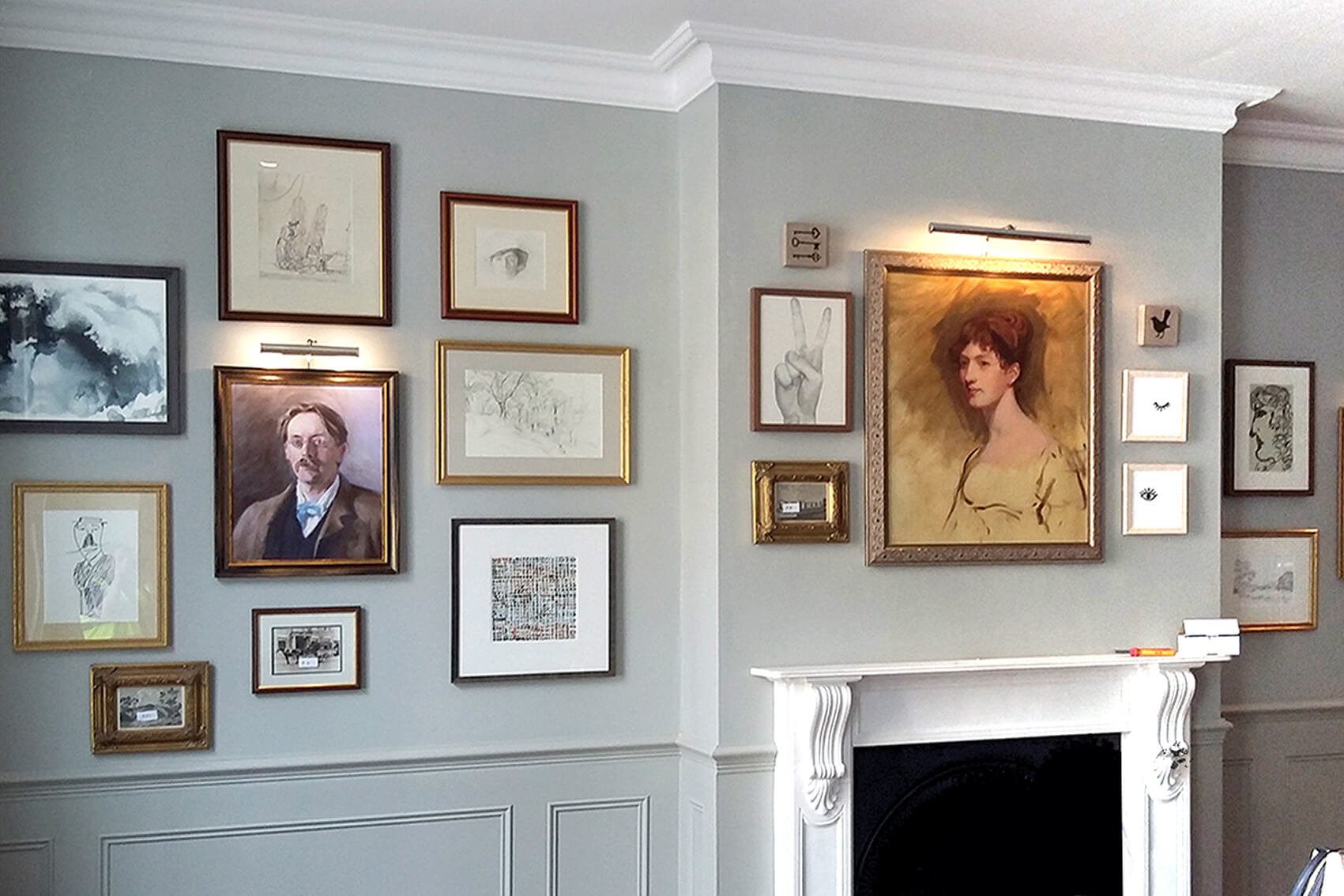 Beverley Arms Hotel, Yorkshire Dales, gallery wall, mixed art styles, traditional paintings, traditional portraiture, contemporary illustrations, illustrations, paintings, framed artwork, framed art, interiors, interior design