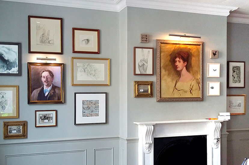 Traditional interior, fireplace, eclectic, gallery wall, traditional, contemporary, framed artwork
