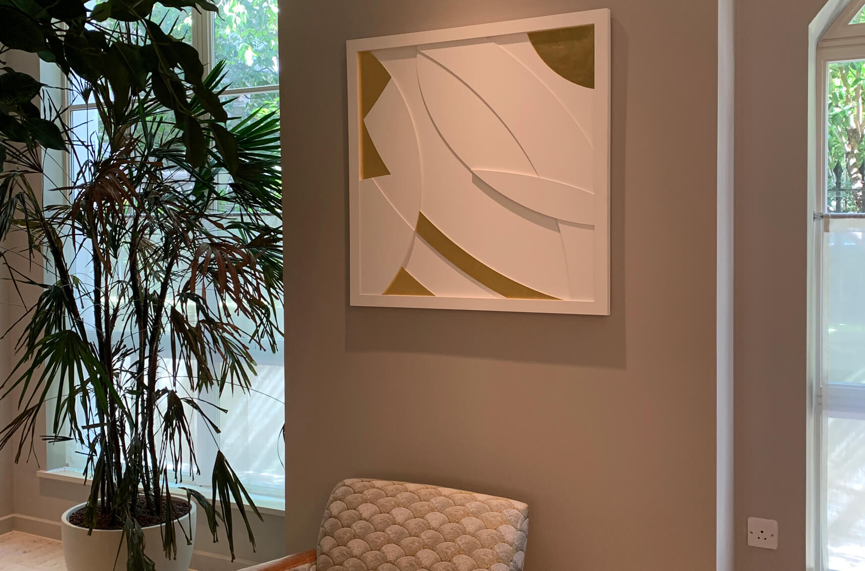 Cord Restaurant, London, graphic, bas relief, relief artwork, abstract relief, abstract art, 3d artwork, 3d, white, gold, gold leaf, mixed media, geometric, bespoke, commissioned artwork, artwork for restaurants