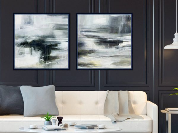 2 Framed, abstract, paintings, sofa, dark, panelled walls
