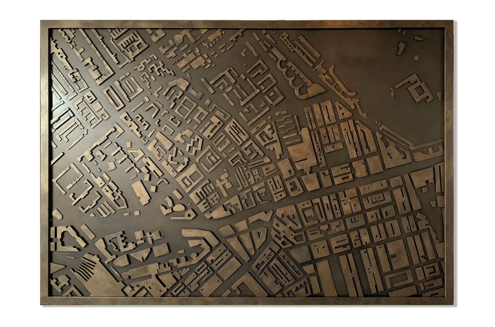 Berkeley Homes, West End Gate, installation, map relief, artwork, large scale installation, graphics, graphic design, laser cut, laser cut installation, relief, two toned, bronze, metallic installation, bespoke artwork, bespoke installation, commissioned artwork, map artwork, map installation,