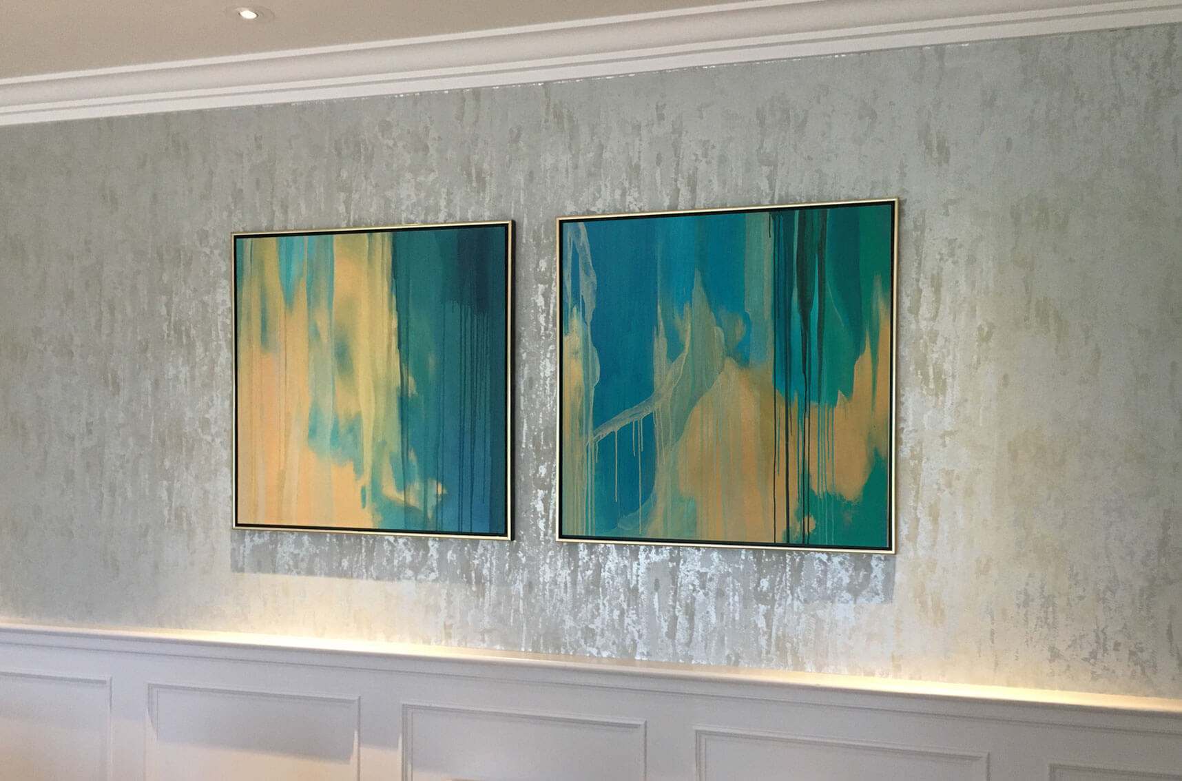 Western House Hotel, abstract, painting, gold, teal, contemporary, liquid gold, framed painting
