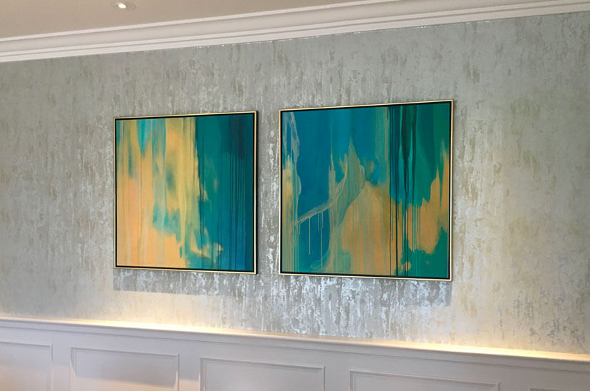 Western House Hotel, Ayr, Ayrshire, Scotland, paintings, abstract, metallic, abstract artwork, acrylic on canvas, teal paintings, interiors, interior design, interior designers, uk art studio, bespoke, commissioned artwork