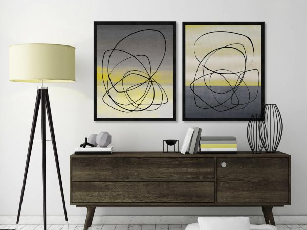 Hebe, 2 framed, abstract art prints, yellow, black, grey, sideboard, lamp