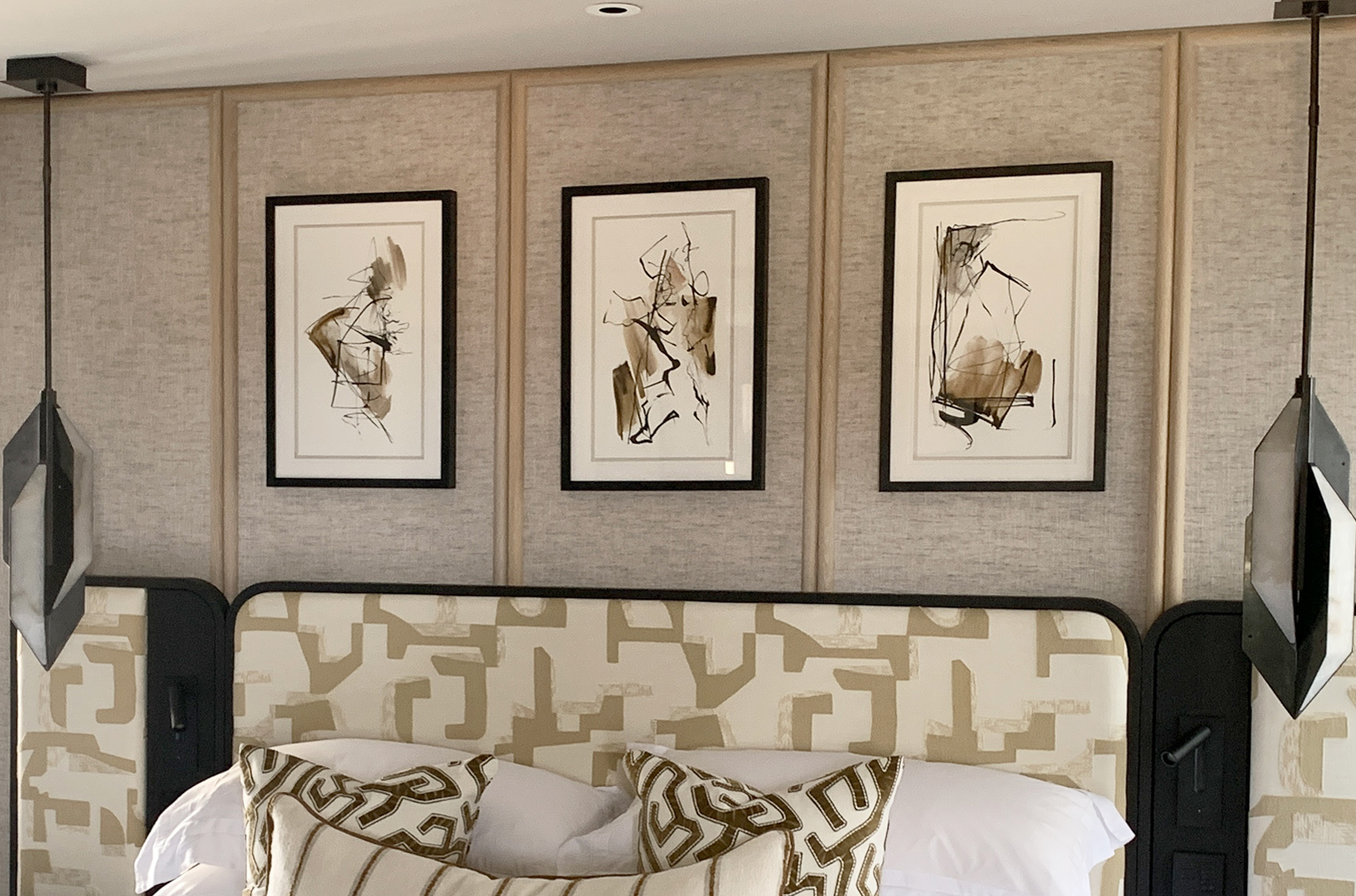Contemporary bespoke artwork displayed within a luxury bedroom interior, demonstrating how early art specification creates a cohesive and balanced design scheme.