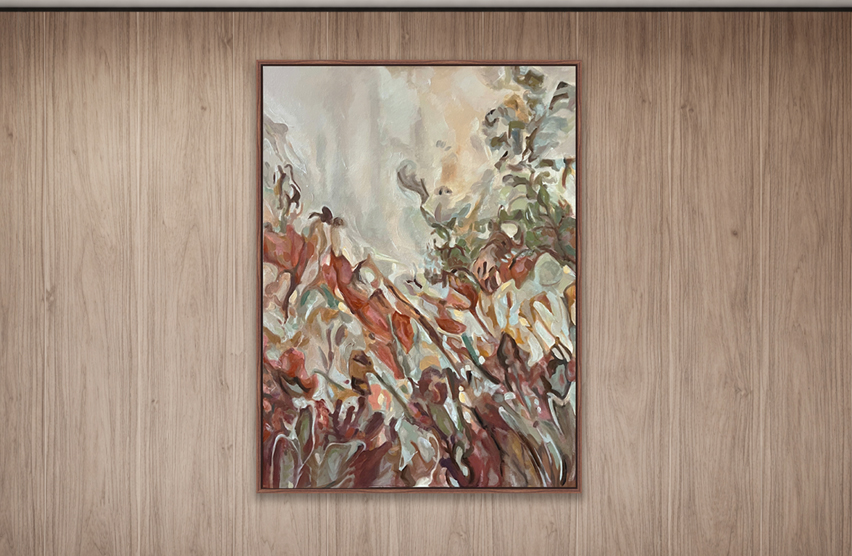 Bespoke contemporary abstract painting displayed against a timber panel wall, designed for a luxury hospitality interior and creating a strong sense of place.